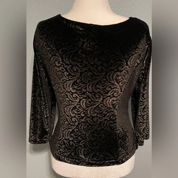 Cachet Women’s Black & Gold Velvet Burnout Top Faux Wrap Ruched Holiday Large - Picture 4 of 6